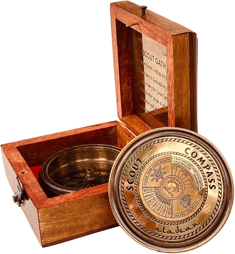 ALADEAN Scout Compass Gift Boys - Engraved Scout Oath Compass in wood Box Scout Always Prepared Camping Orienteering Compass, Hiking Backpacking Compass gift, 50 year calander - Image 1
